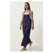 Happiness İstanbul Women's Navy Blue Strappy Thin Gabardine Summer Gardener Overalls