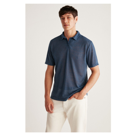 GRIMELANGE Toby Men's Polo Linen Look Tiril Tiril Fabric Navy Blue Polo Collar T-shirt