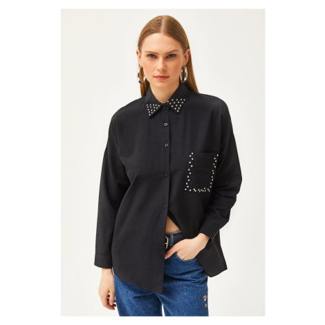 Olalook Women's Black Collar and Pocket Stone Woven Shirt