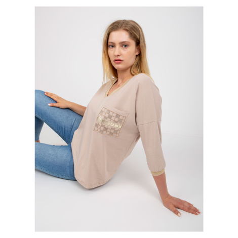 Beige cotton blouse of larger size with V-neck