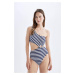 DEFACTO Fall In Love Striped Wrinkled One Shoulder Swimsuit