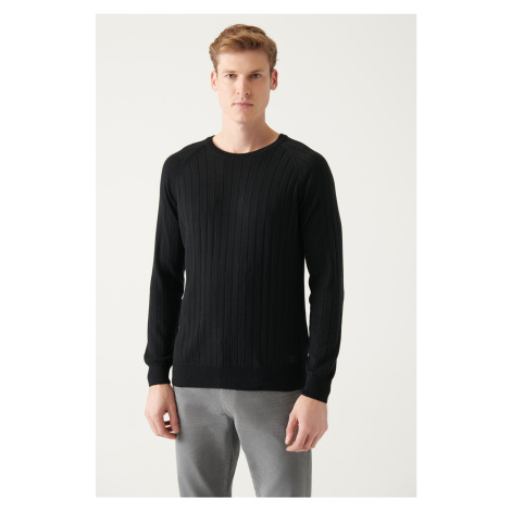 Avva Men's Black Crew Neck Jacquard Slim Fit Narrow Cut Knitwear Sweater