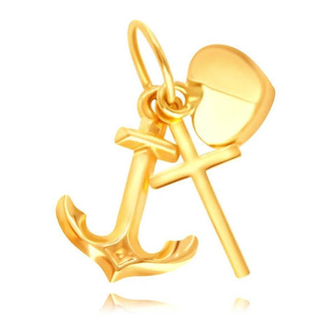 Zlatý 14K prívesok - silueta lesklého krížiku, kotvičky a vypuklého srdiečka