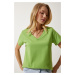 Happiness İstanbul Women's Peanut Green V Neck Basic Knitted T-Shirt