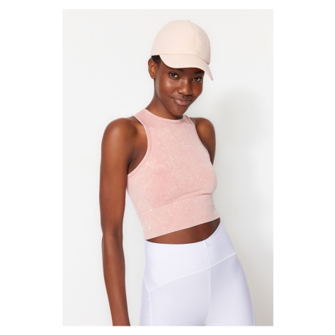 Trendyol Pale Pink Seamless/Seamless Crop Acid Wash Halter Neck Knitted Sports Top/Blouse