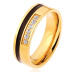 Oceľový prsteň zlatej a čiernej farby, ozdobná línia čírych zirkónov - Veľkosť: 70 mm