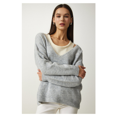 Happiness İstanbul Women's Gray Shirt Soft Textured Double Knitwear Sweater