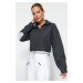 Trendyol Anthracite Crop Parachute Detailed Polo Neck Zipper Stopper Fleece Knitted Sweatshirt