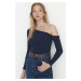 Trendyol Indigo Fitted Asymmetric Neck Open Shoulder Ribbed Flexible Knitted Blouse