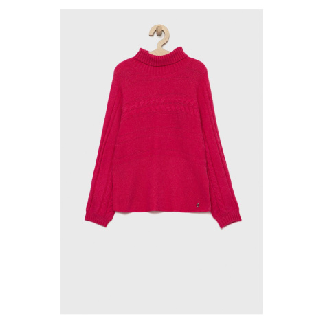 Detský sveter s prímesou vlny Guess ružová farba, tenký