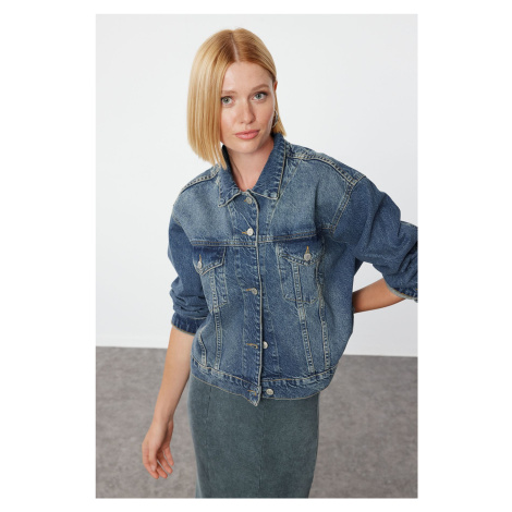 Trendyol Blue Faded Effect Vintage Trucker Denim Jacket