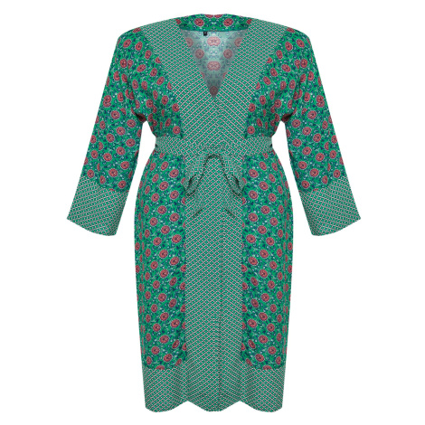 Trendyol Curve Green Ethnic Patterned Belted Maxi Length Beach WearWoven Kimono & Kaftan