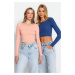 Trendyol Indigo-Pink 2 Pack Fitted Wide Collar Ribbed Flexible Crop Knitted Blouse