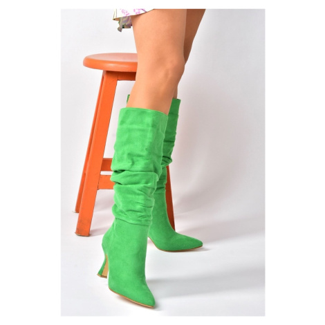 Fox Shoes Green Suede Heeled Smocking Women's Shoes