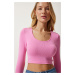 Happiness İstanbul Women's Pink U Neck Ribbed Crop Knitwear Blouse