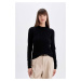 DEFACTO Women's Black Regular Fit Crew Neck Knitted Button Detailed Sweater