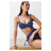 Trendyol Navy Blue Balconette Tie-Up Silvery High Waist Hipster Bikini Set
