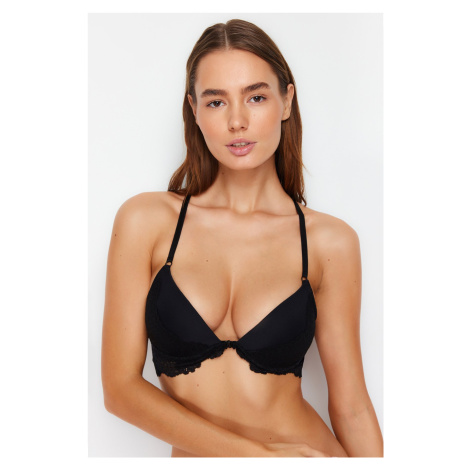 Trendyol Black Polyamide Lace Detailed Front Closure Rope Strap Covered Knitted Bra