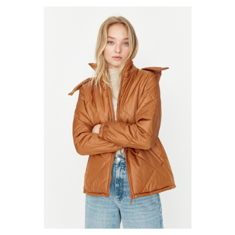 Trendyol Camel Hooded Waist Ruffle Detailed Quilted Inflatable Coat
