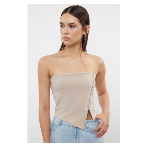 Trendyol Mink Plain Zippered Asymmetrical Fitted Strapless Crop Knitted Blouse