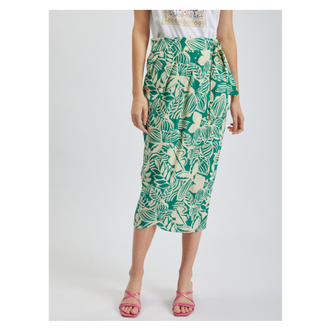 Orsay Cream-Green Ladies Patterned Wrap Midi Skirt with Linen - Women