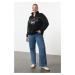 Trendyol Curve Black Zippered Printed Oversize/Wide Fit Thick Fleece Knitted Sweatshirt