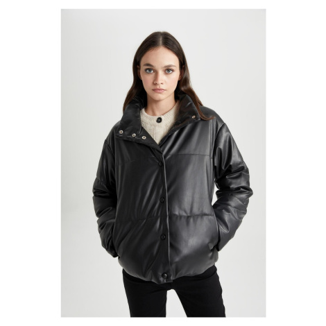 DEFACTO Water Repellent Oversize Wide Cut Thermal Insulated Windproof Faux Leather Jacket