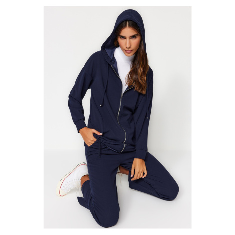 Trendyol Navy Blue Oversize Zippered Hooded Cardigan Knitted Tracksuit