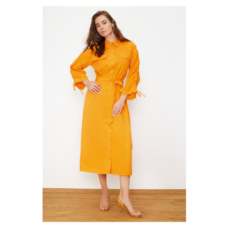 Trendyol Orange Belted Adjustable Detailed Detailed Cotton Woven Shirt Dress