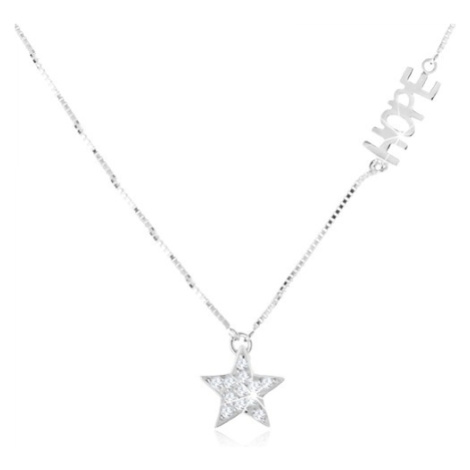 Strieborný náhrdelník 925 - jemná retiazka, číra zirkónová hviezda, nápis "HOPE"