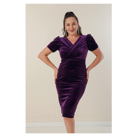 By Saygı Front Back V-Neck Draped Plus Size Corduroy Short Dress with Short Pleated Sleeves.