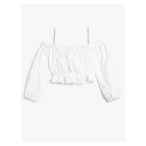 Koton Madonna Collar Blouse Crop Off-the-Shoulder Thin Strap Frilly Drawstring Cotton