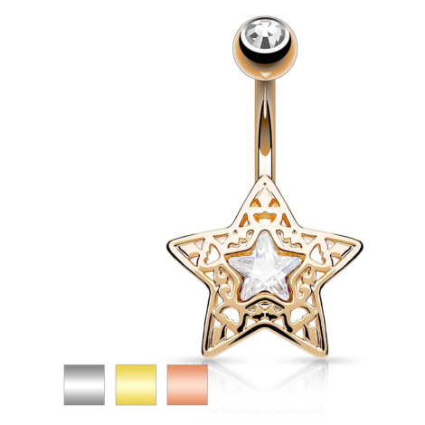 Oceľový piercing do bruška - vyrezávaná hviezdička s ligotavým zirkónom uprostred - Farba pierci