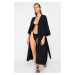 Trendyol Black Belted Maxi Woven Flounce Linen Blended Kimono & Kaftan