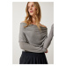 Happiness İstanbul Women's Gray Off-the-Shoulder Gather Detailed Blouse