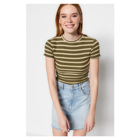 Trendyol Khaki Striped Baby Overlock Detailed Fitted Crop Ribbed Knitted Blouse