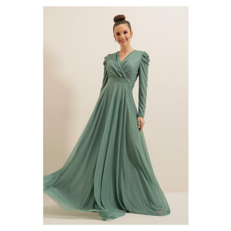 By Saygı Lace Neck Shoulder Pleated Lined Glittery Long Dress