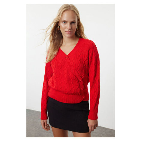 Trendyol Red Asymmetric Button Detailed Knitwear Cardigan