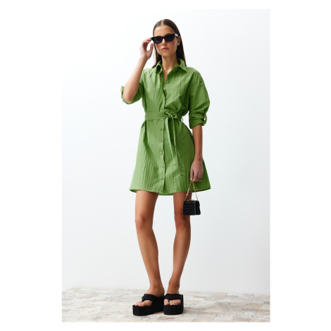 Trendyol Green Belted Mini Crinkle Woven Shirt Dress