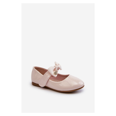 Children's patent leather ballerinas with velcro bow, pink, cat-eye