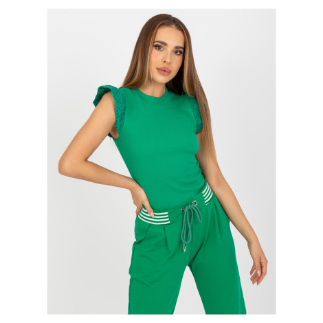 Green ribbed blouse with short sleeves RUE PARIS