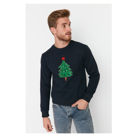 Trendyol Navy Regular/Regular Fit Christmas Printed Fleece Long Sleeve Sweatshirt