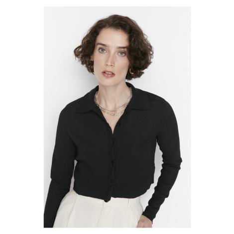 Trendyol Black Button Fitted Polo Neck Ruffle/Textured Crop Knitted Blouse