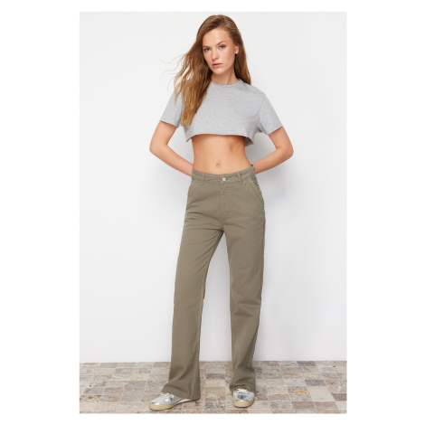 Trendyol Khaki Pocket Detailed High Waist Wide Leg Jeans