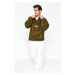 Trendyol Men's Khaki Oversize/Wide-Fit Zippered Hooded Mountain Embroidered Pocket Fleece/Plush 