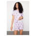 Trendyol Lilac Heart Slogan Printed Rubber Detailed Corded Knitted Pajama Set