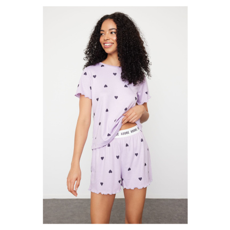 Trendyol Lilac Heart Slogan Printed Rubber Detailed Corded Knitted Pajama Set