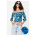 Trendyol Indigo Gipel Carmen Collar Three Quarter Sleeve Crepe/Textured Gipel Knitted Blouse