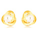 Náušnice v žltom 9K zlate - tri prepletené prstence, biela sladkovodná perla, 3 mm