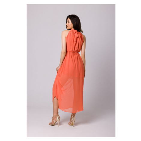K169 Šifónové šaty so zaväzovaním za krkom - oranžové